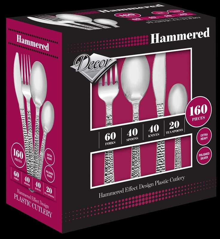 Plastic Cutlery Combo Silver Hammered 40 x Spoons/Knives 80 x Forks 20 x Teaspoons 12CS