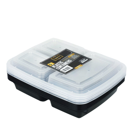 Plastic Container Packed 3 Comp/32oz Black W/Clear Lids 'Superior'