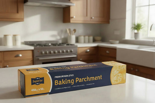 Box of baking parchment on a kitchen counter with wooden cabinets and a stove in the background.